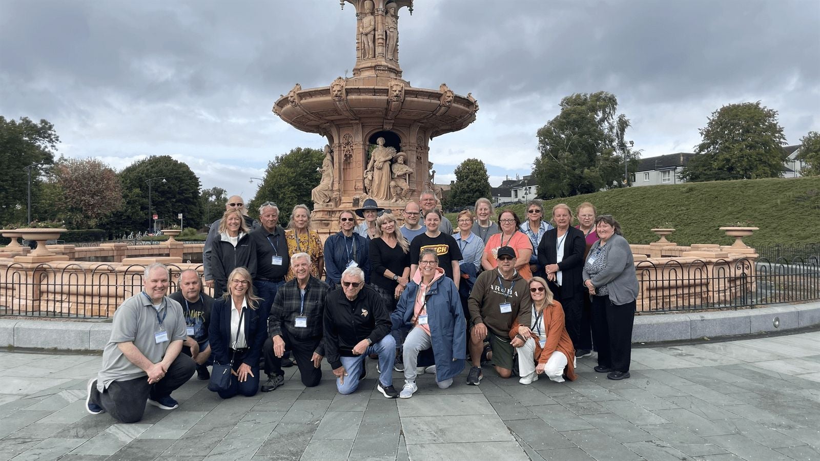 Holiday Vacations Tour Group at Doulton Fountain, Glasgow, Scotland