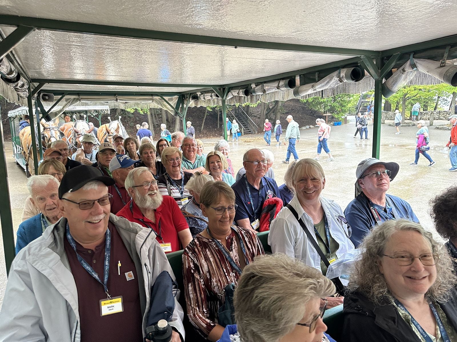 Holiday Vacations guests on horse-drawn carriage ride, Mackinac Island
